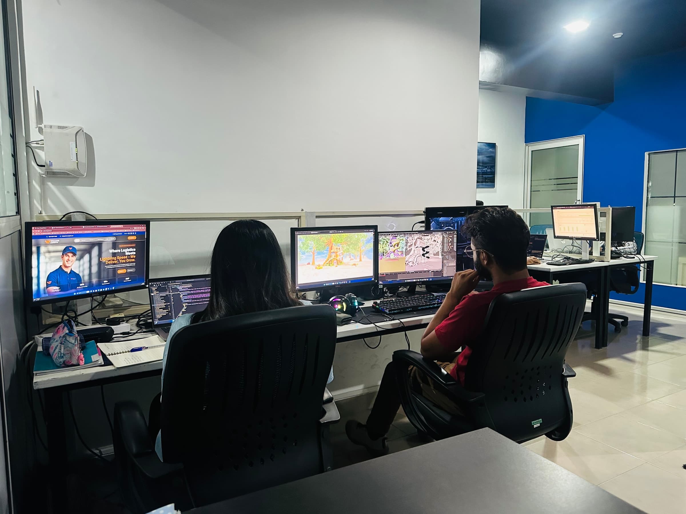 Development workspace with multiple monitors